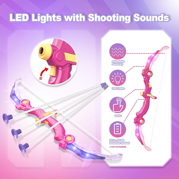 SpringFlower 2 Bow and Arrow Sets with LED Light-up,2 Foam Dart Guns for Kids 5 6 7 8 9 10+ Years Old, Archery Set with Standing Target for Boys & Girl, Ideal Gift