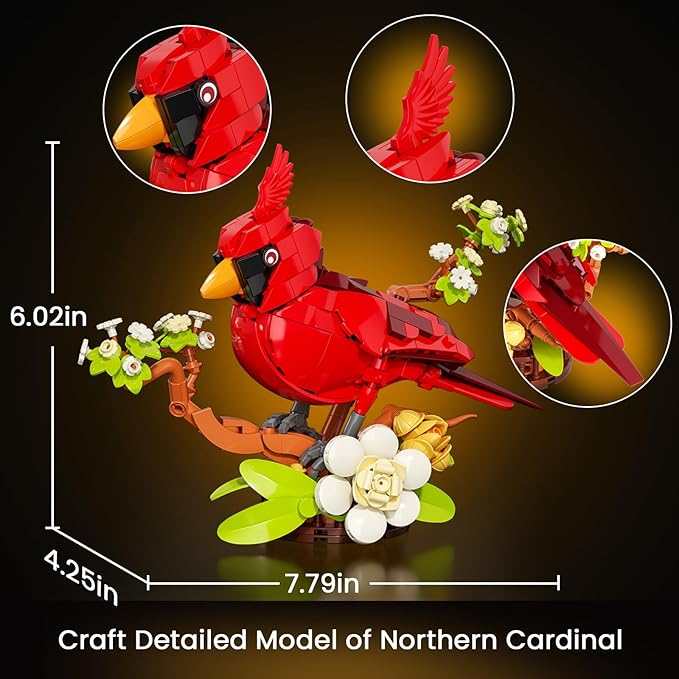 JAKI Northern Cardinal Building Set, Red Birds with Flower Camellia for Adults, Red Cardinal Model for Bird Lovers, Nature Décor Gifts for Display