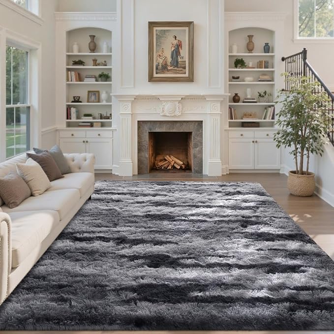 Area Rugs for Living Room 6x9 Feet, Soft Fluffy Shagg Plush Bedroom Rug Non-Slip,Large Carpet for Nursery Kids Dorm Home Decor Black and Silver