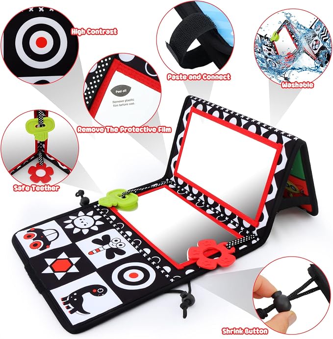 Tummy Time Floor Mirror with Teethers, Double-Sided Baby Mirror Black and White High Contrast Baby Toys for Babies, Baby Montessori Toys Crawling Developmental Newborn Infant Sensory Toys
