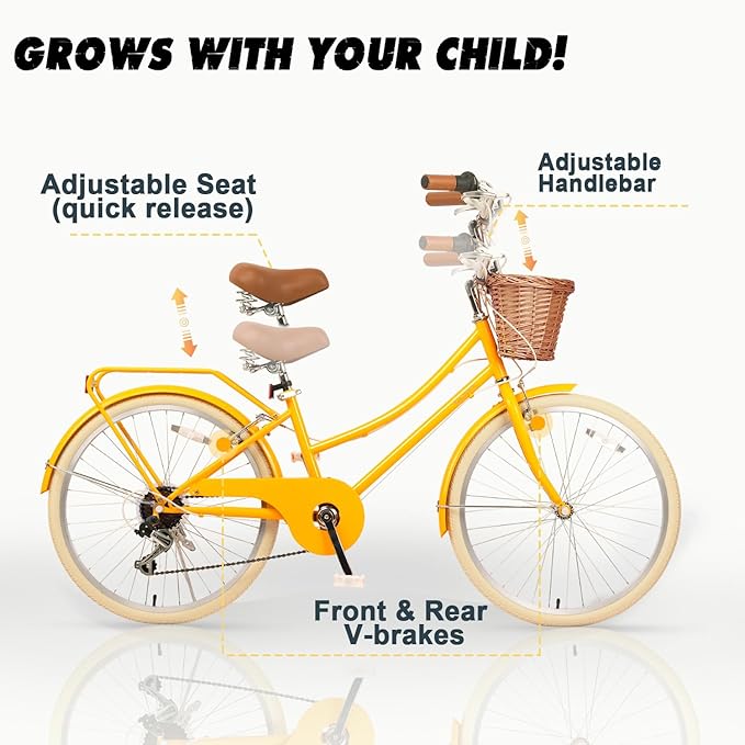 Glerc 20 24 26 Inch Beach Cruiser Bike, 6-Speed Hybrid City Bicycle for Girls Youth and Over 6 Years Old, Missy Bike with Wicker Basket & Lightweight, Multiple Colors
