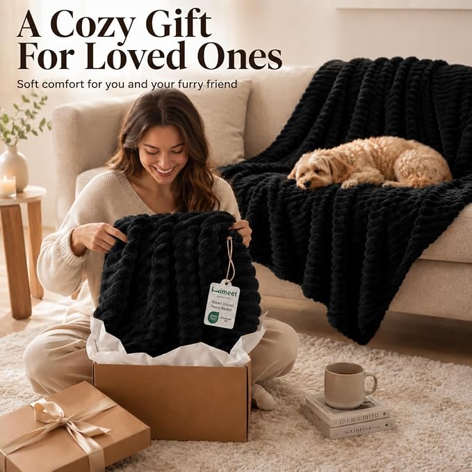 HIMEET Black Throw Blanket for Couch, 300GSM Ribbed Fleece, 50 x 60 Inches | Ultra Soft Flannel, All-Season Lightweight Warmth, Home Room Decor & Dorm Essential, Gift for Men & Women, Machine Washable