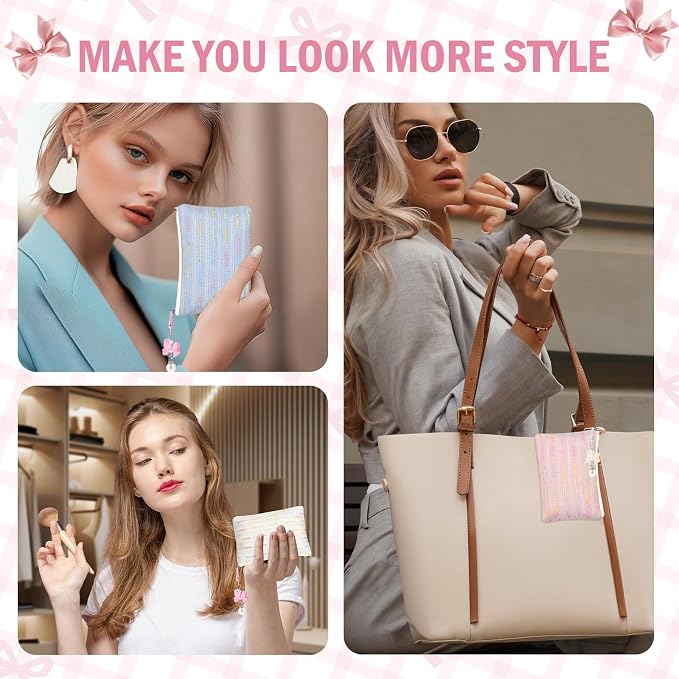 Mini Makeup Bag, Small Bow Tie Cosmetic Bag for Purse with Keychain, Portable XS Travel Makeup Pouch for Daily Use (Colorful Lines-Blue)