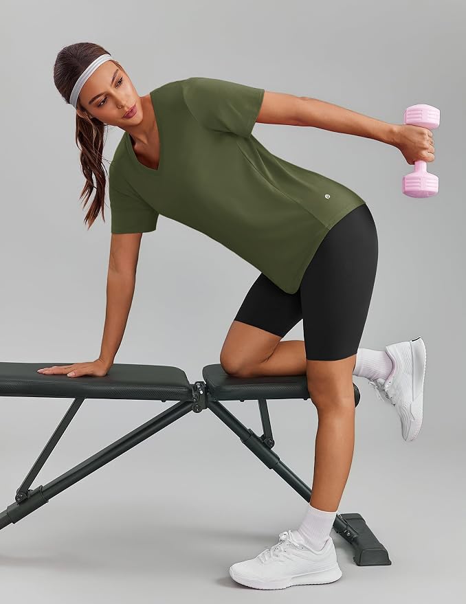 PINSPARK Soft Workout Tops for Women Short Sleeve V Neck Moisture Wicking UPF 50+ Sun Protection Quick Dry Gym Shirts