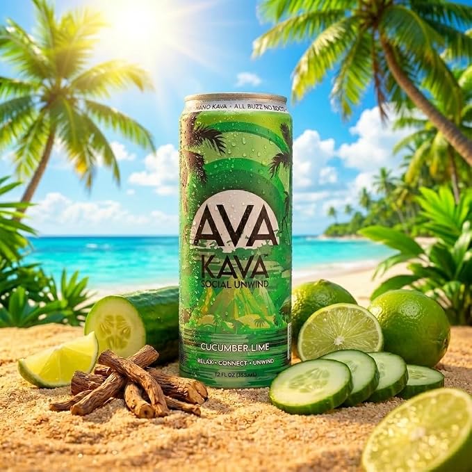 AVA Kava | Alcohol-Free Relaxation Drink | Cucumber Lime | Fast Acting Nano Kava • Zero Sugar Alcohols • Vegan • Plant Based • No Preservatives • Natural Flavors • Non GMO • Gluten Free | 12oz Cans (6-Pack)