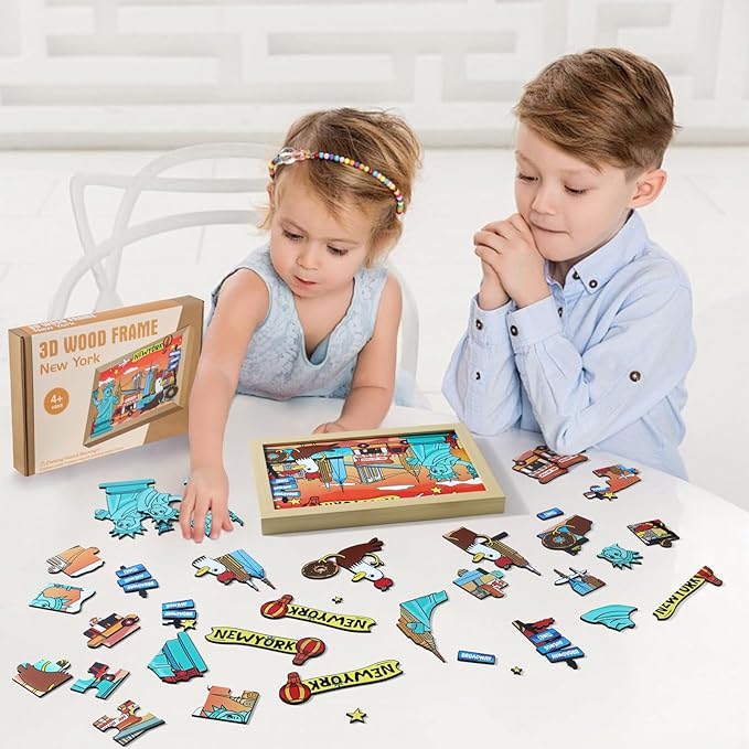 LQG Art Crafts Gift for Kids 4-8 Ages 3D Wooden City Landmark Series Frame Kit for Kids - DIY New York Cartoon Style Puzzle Toys Perfect Wall Art and Tabletop Decoration
