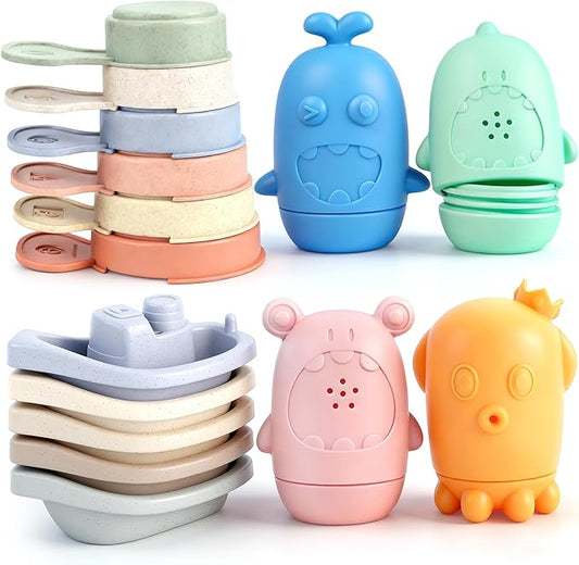 Baby Bath Toys for Kids Ages 1-3, 15 PCS Mold Free Bath Toys for Toddlers 2-4 Bathtub Water Table Pool Toys, Silicone Bath Toy and Bath Boats Spoons, Baby Shower & Birthday Gifts for Babies & Toddlers
