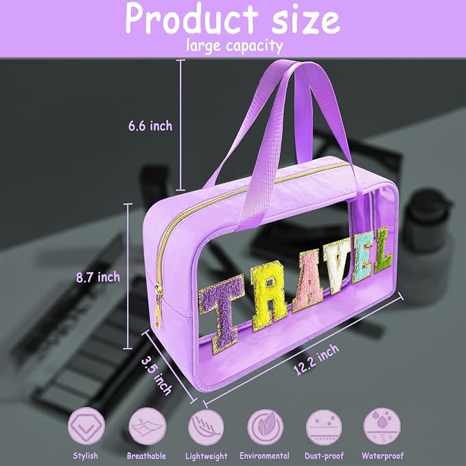 Bunliuys Chenille Letter Clear Makeup Bag Travel Patch, Travel Toiletry Makeup Bag with Handle, Nylon Waterproof Makeup Bags clear cosmetic bag, preppy patch makeup bag for Women (TRAVEL-Violet)