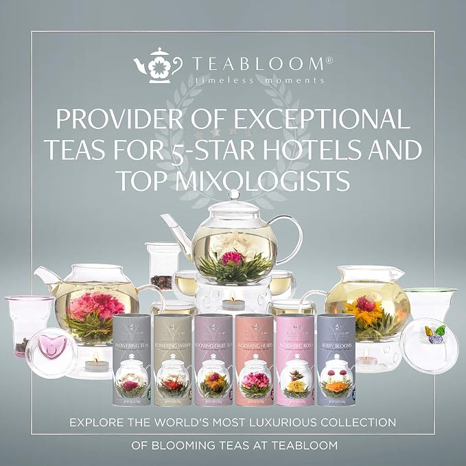 Teabloom Complete Glass Tea Set – Teapot (40 oz), Loose Tea Infuser, 4 Insulated Teacups, Tea Warmer with Candlelight, and 12 Flowering Teas – Elegant Blooming Tea Gift Set