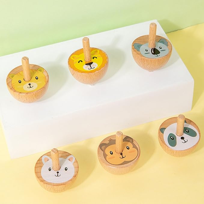 6 Pcs/Set Beech Wood Spinning Tops Toy for Kids, Animal Wooden Gyroscopes Toy for 3 4 5 6 7 Years, Fruit Educational Kindergarten Toys, Spin Tops for Party Games Birthday Gifts Family Fun (Animal)