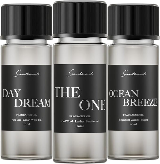 Scentiment Hotel Scents Discovery Set – Day Dream, The One & Ocean Breeze | Fresh, Woody & Marine Fragrance Oils | Luxury Home Scent Kit for Cold Air Diffusers 3 x 0.68 fl oz (20 mL)
