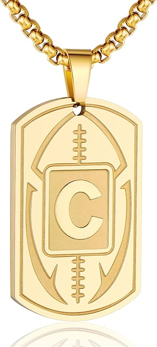 Initial A-Z Dog Tag Necklace for Men - Football Charm Pendant, Stainless Steel Chain 22+2 Inches, Personalized Sports Athletes Jewelry Gift