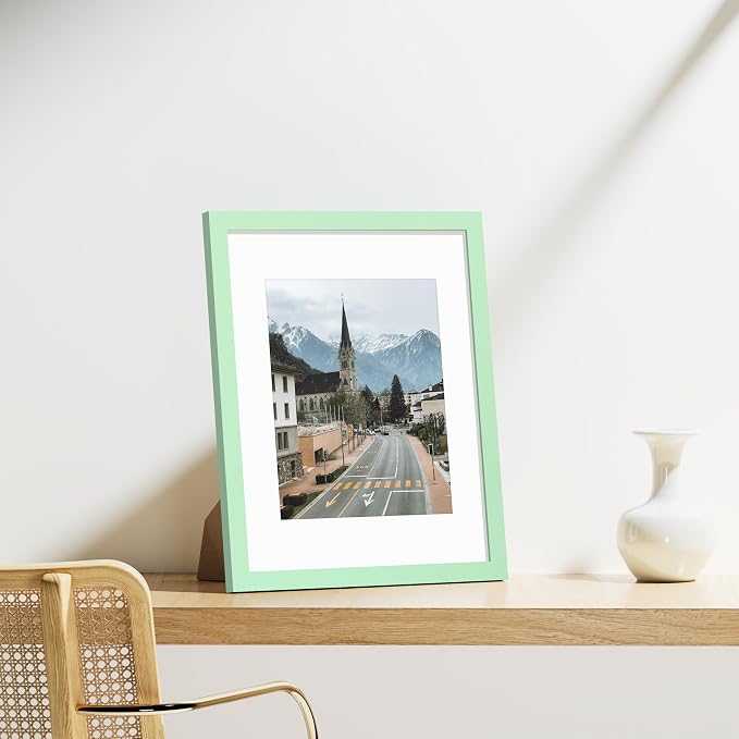 Vittanly 11x14 Picture Frames Set of 9 for Wall Mounting, Light Green | Display Pictures 8x10 with Mat or 11x14 without Mat, Engineered Wood with Shatter Resistant Plexiglass, Gallery Photo Frames