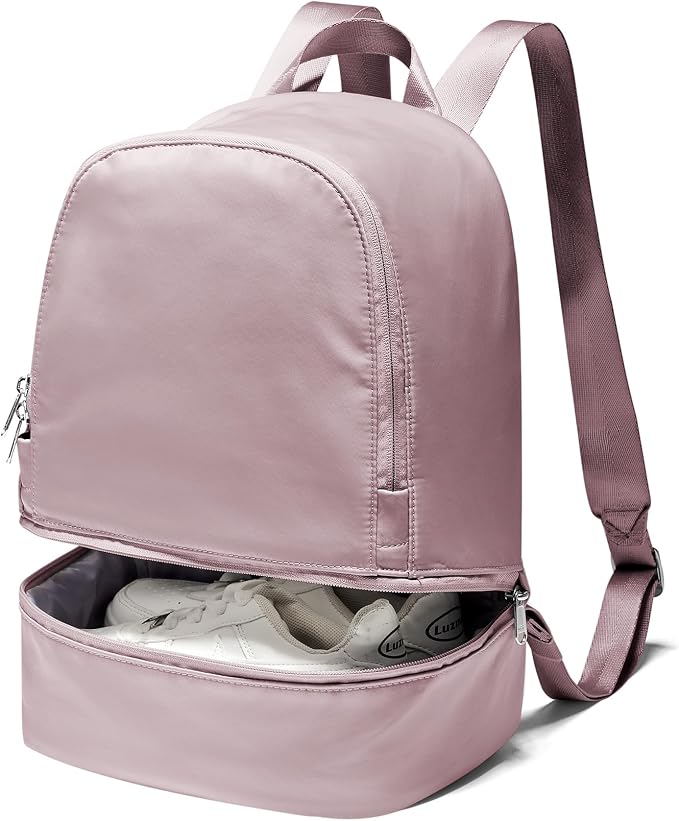 Small Gym Backpack for Women, Office-to-Gym Casual Daypack with Shoe Compartment, Lightweight Water Resistant Small-Size Bag, Clean Fit Style Work Backpack for Daily Use, Pink