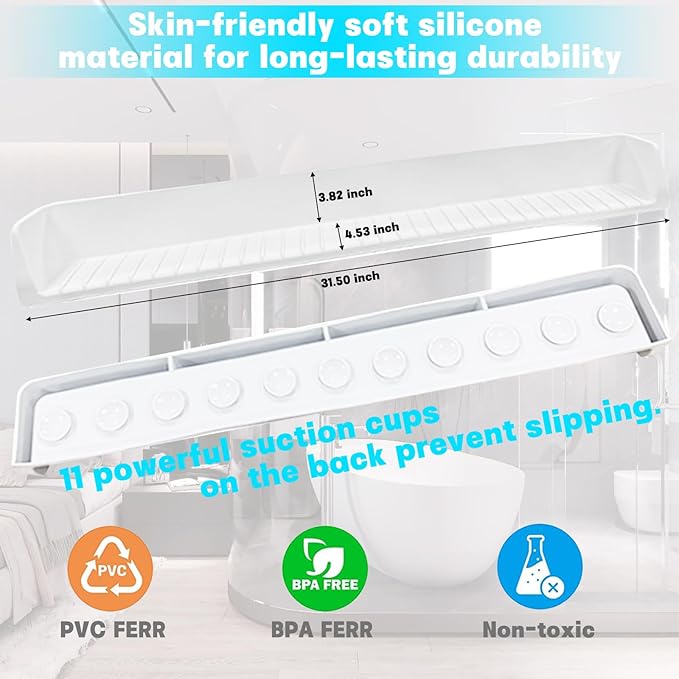 Extra Long White Bathtub Splash Guard Splash Guard Silicone Toy Shelf Holder Prevent Water Spills Kid Bath Tub Accessories (2.6FT, White)