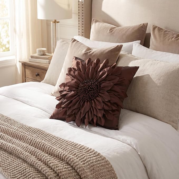 Brown Accent 3D Flower Decorative Throw Pillow Covers for Bed Sofa Couch | Bella's Giftshop Handmade Sunflower Taffeta Pillow Cases Living Room Bedroom Decor, 18x18 Inch