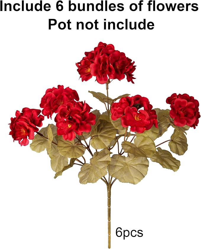 Fake Geraniums Artificial Flowers for Outdoors Fall Autumn Decoration, 6 Bundles Silk Geraniums Look Real Faux Fall Flowers Plants for Front Door Garden Planter Patio Balcony Yard Home Indoor, Red