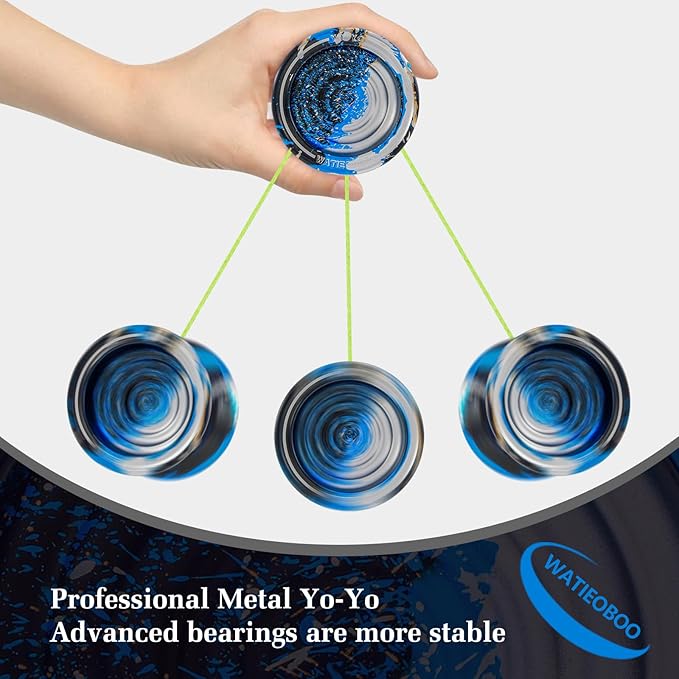 WATIEOBOO Responsive Metal Yoyo Professional yoyo,Professional Unresponsive Yo yo for Adults Pro Metal Trick Yo-yo with Yo Yos Bearing Kit 10 Strings, Case & Gloves - Black Blue Silver