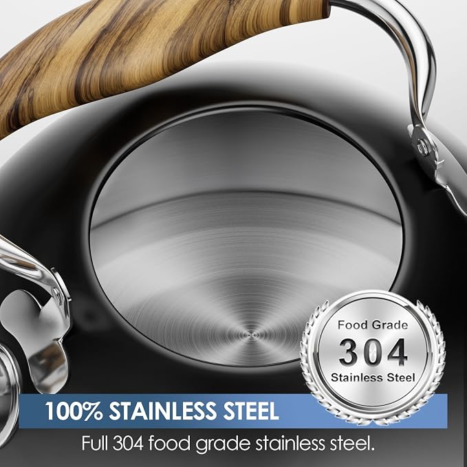 2.6 Quart Whistling Tea Kettle for Stovetop, Black | Food Grade Stainless Steel with Cool Wood Pattern Handle, Induction Compatible