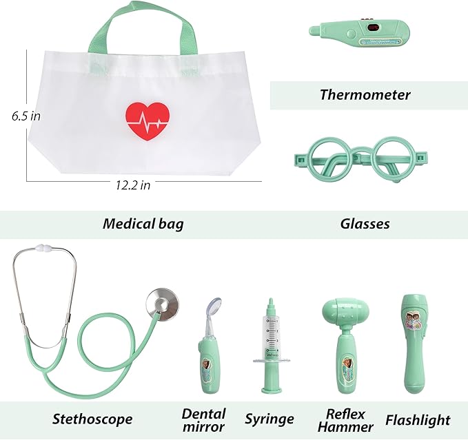 Kids Doctor Kit, 8 Pieces Kids Doctor Playset with Medical Storage Bag & Real Stethoscope, Pretend Play Doctor Toys for Toddler Boys Girls Aged 3 4 5 6 (Green)