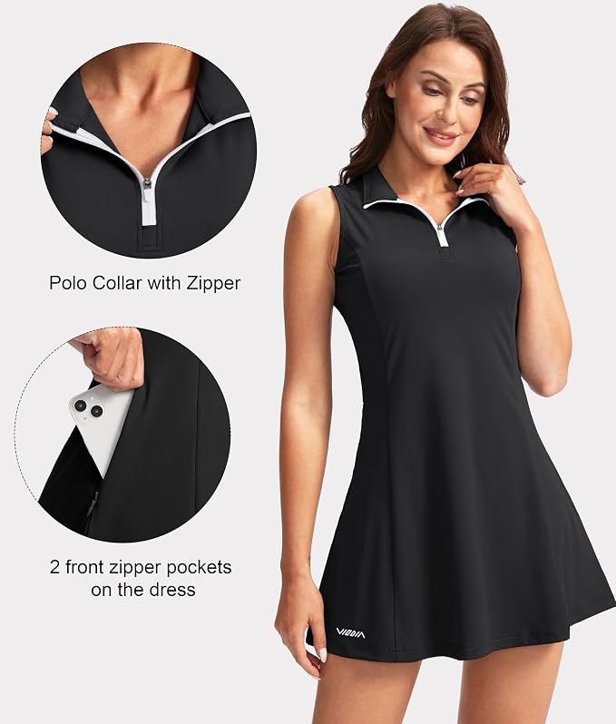 Viodia Women's Tennis Golf Dress with Shorts | Active, Exercise, Workout, Sports, Athletic, Dresses for Women, with Zipper Pockets