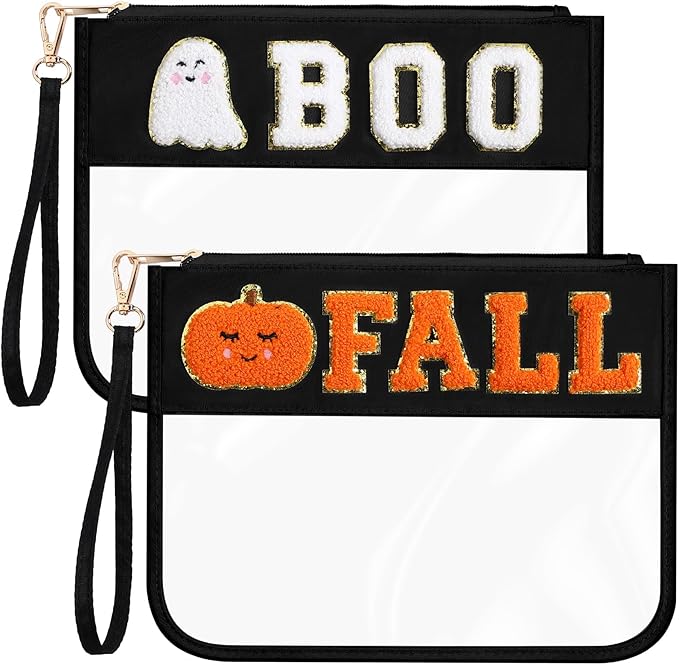 Remerry 2 Pcs Halloween Gifts Chenille Letter Bag Spooky Pumpkin Fall Boo Patch Clear Makeup Cosmetic Toiletry Pouch Nylon PVC Monogram Treat Candy Goodie Bag Preppy Purse Waterproof for Women