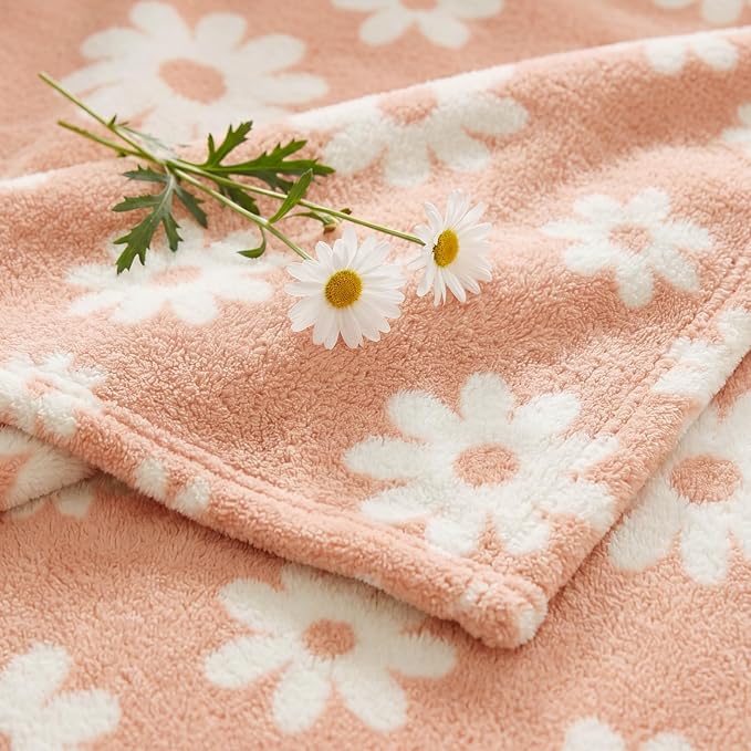 Soft Throw Blanket for Couch-Cozy Reversible Knitted Blankets | Lightweight Warm Fluffy Decor for Women, Mom, Her & Girls, Sofa, Chair, Bed, 50x70in,Daisy Floral Peach Orange