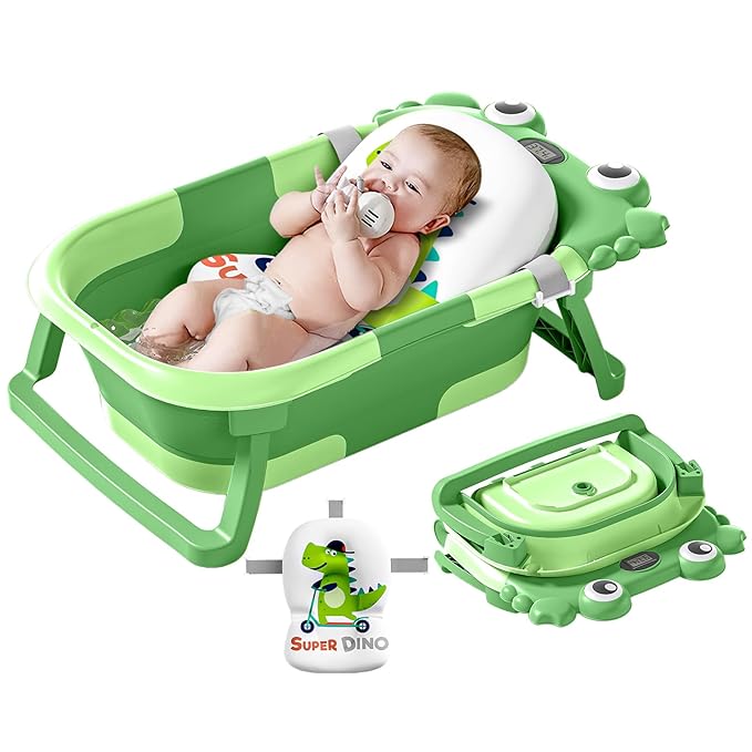 Collapsible Baby Bathtub for Newborns to Toddler with Real-time Temp Monitor & Floating Cushion,Portable Travel Tub for 0-36 Month, Foldable Baby Bath Tub for Infants(Vivid Green)