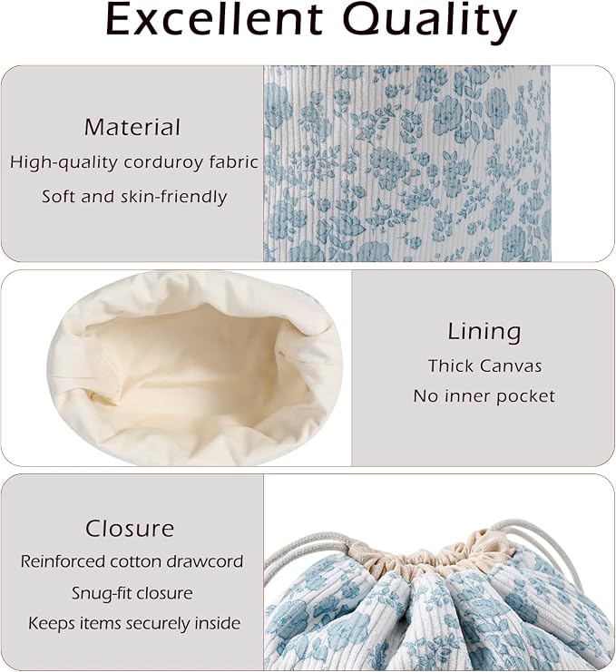 RSRSLEII Aesthetic Corduroy Drawstring Makeup Bag, Cute Coquette Drawstring Cosmetic Bag with Canvas Lining, Blue Flower Pattern Travel Makeup Organizer Case for Women Girls (07 LightBlue Flower)