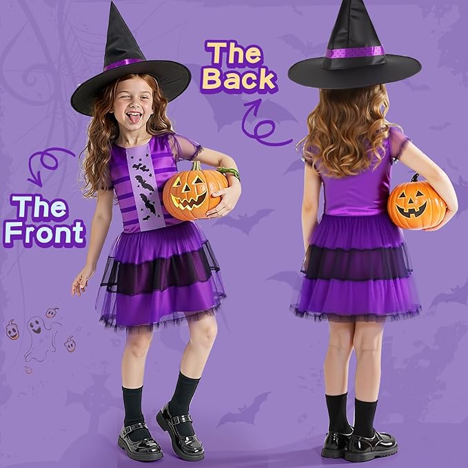 Witches Costume for Girls 3-8 6-12, Halloween Witches Dresses with Broom, Hat for Role Playing, Fairytale Halloween Party Birthday Gifts for Kids Toddlers Girls Age 3-5 5-8 8-12(Small)