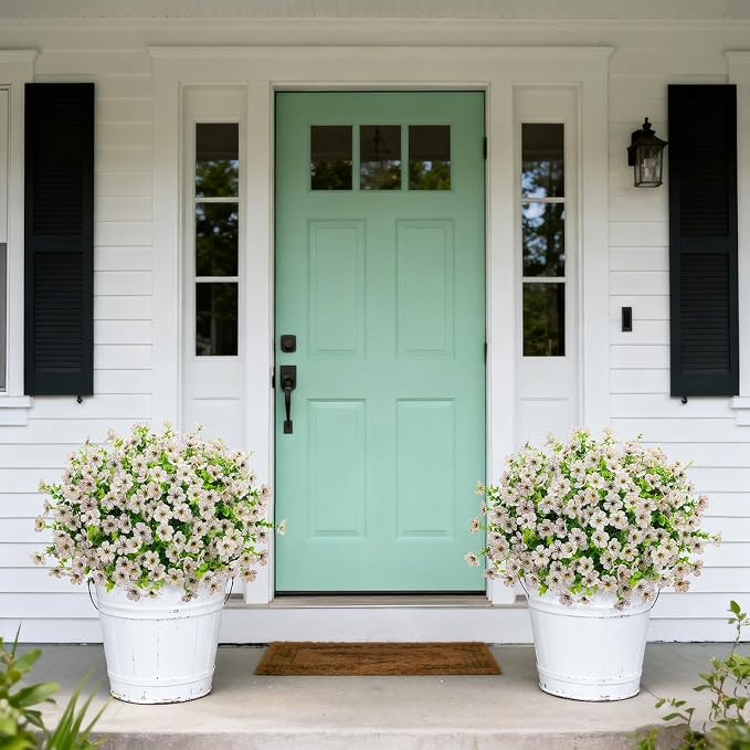 Ouddy Decor 24 Pcs Artificial Flowers for Outdoors Decorations, White | Lifelike silk flowers, UV resistant, faux plastic plants, for garden porch window table vase home indoor outdoor decor