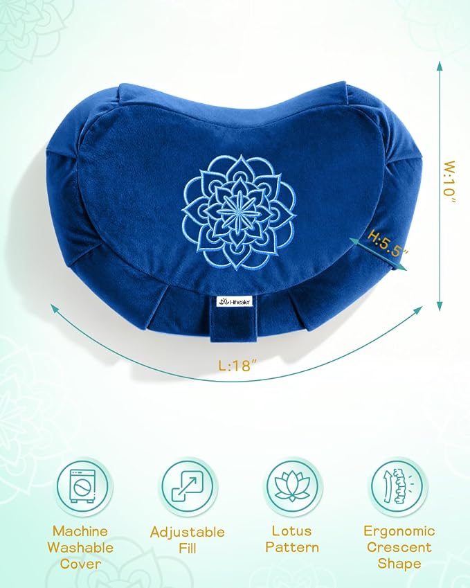 Hihealer Premium Crescent Meditation Cushion, Ergonomic Buckwheat Hull Floor Pillow for Adults, Comfortable Yoga Bolster for Meditation & Floor Sitting (Blue)