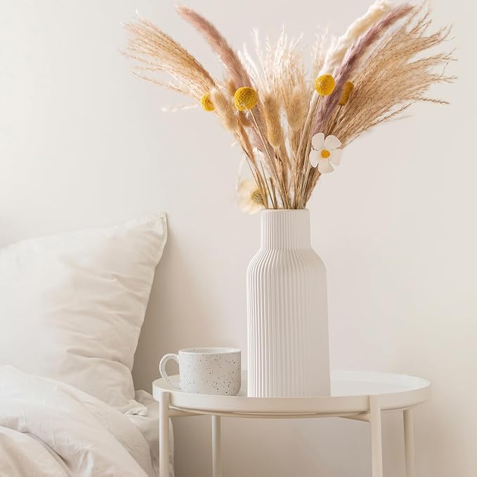 White Ceramic Flower Vase Set of 3 Matte Ribbed Waterproof | Waterproof interior for fresh or dried pampas. Minimalist centerpiece for living room, entryway, office, or wedding