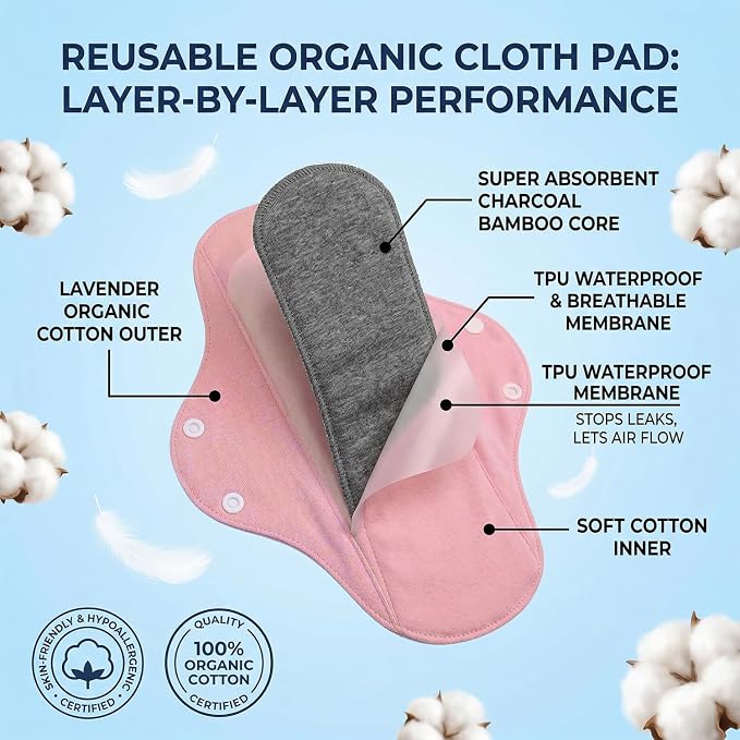 Graphene Reusable Incontinence Pads (6 Pack) - Washable Cloth Menstrual Pads for Heavy Flow, Leakproof Overnight Postpartum Pads for Women & Elderly, Odor Control & High Absorbency (Assorted Colors)