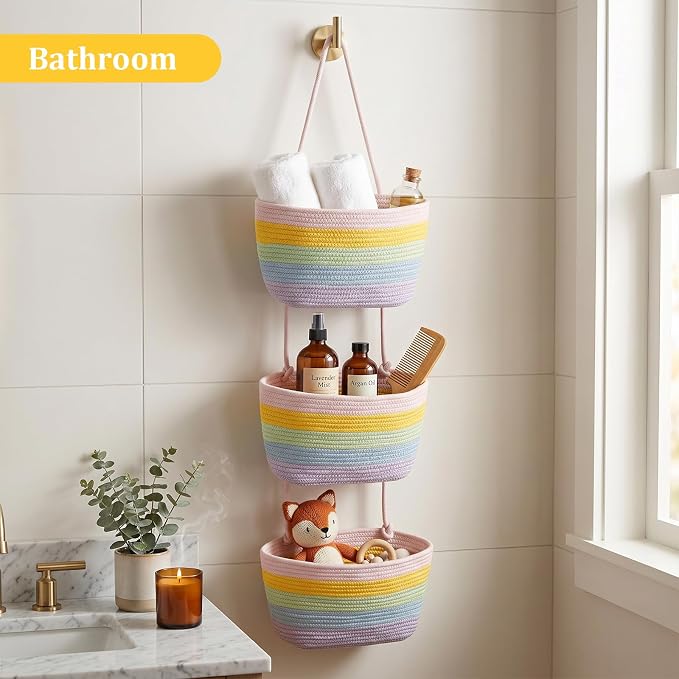 TeoKJ Over the Door Hanging Basket, 3-Tier Woven Cotton Wall-Mounted Storage Organizer Bag Decorative Hanging Nursery Baskets, Rainbow