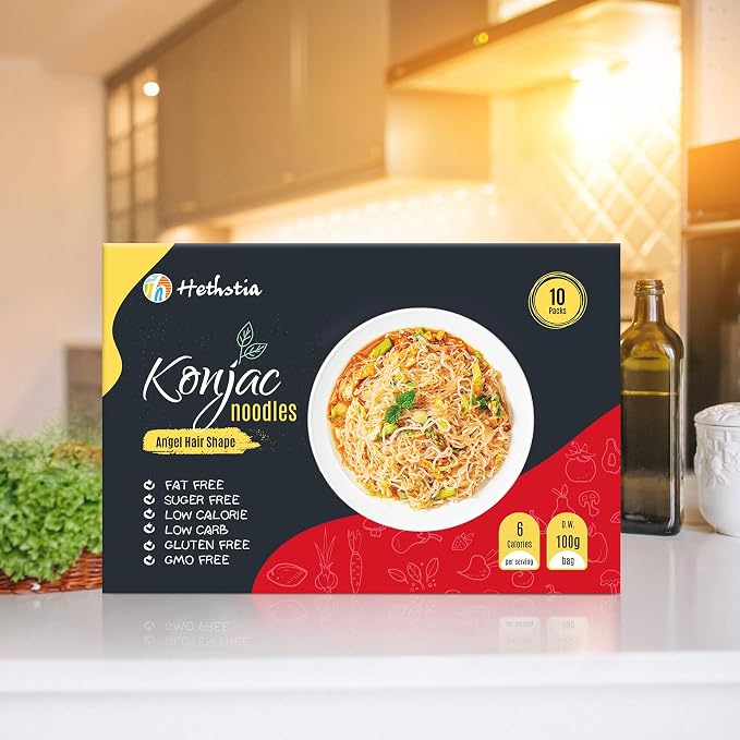 Hethstia Konjac Shirataki Angel Hair Noodles, Low Carb Asian Pasta, 10 Pack | Ready To Eat, Keto Friendly, Vegan, Gluten Free, Sugar Free, Plant Based, Low Calorie Meal, Quick Asian Style Noodle Option
