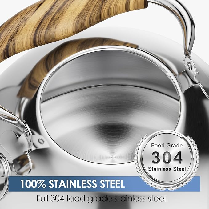2.6 Quart Whistling Tea Kettle for Stovetop, Silver | Food Grade Stainless Steel with Cool Wood Pattern Handle, Induction Compatible
