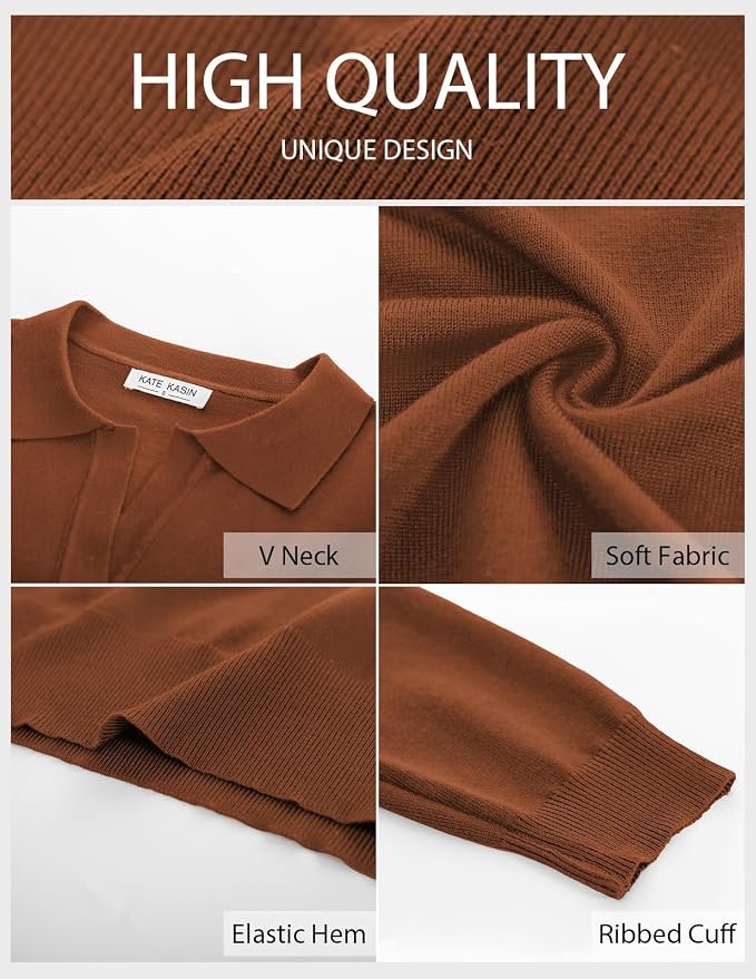 Women's Long Sleeve Classic V Neck Casual Fall Winter Polo Sweater Tops | Basic Collared Knitted Fashion Work Business Formal Daily Wear Versatile Pullover Shirts