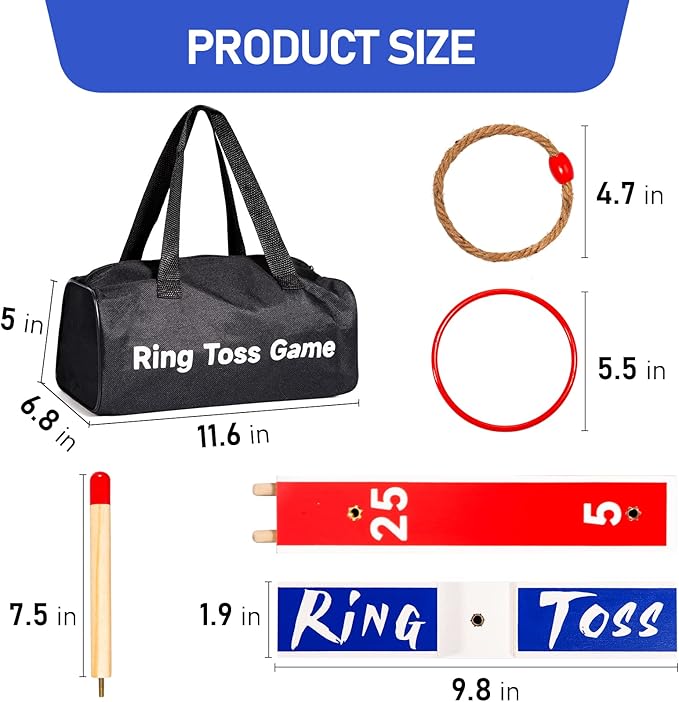 Indoor Outdoor Toys Games Upgraded Large Wooden Ring Toss Game Yard Games for Kids, Lawn Outdoor Games for Family with 10 Plastic Ring and 10 Ropes,1 Carry Bag