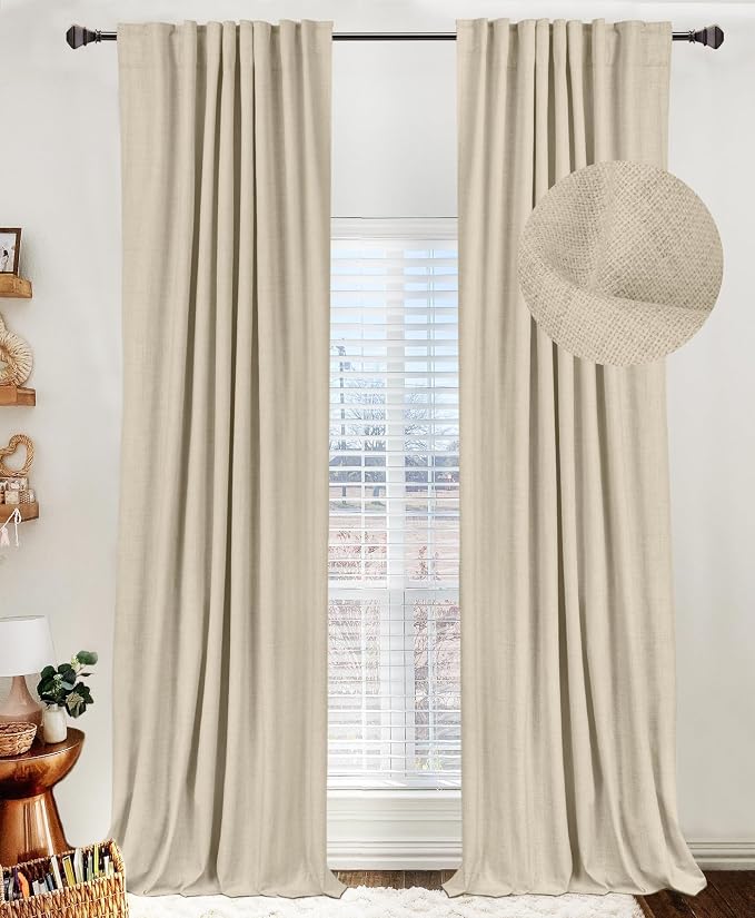 100% Blackout Shield Linen Blackout Curtains for Bedroom 102 Inches Long, Back Tab/Rod Pocket Living Room Drapes, Thermal Insulated Blackout Curtains 2 Panels Set, 50" W x 102" L, NaturalFlax