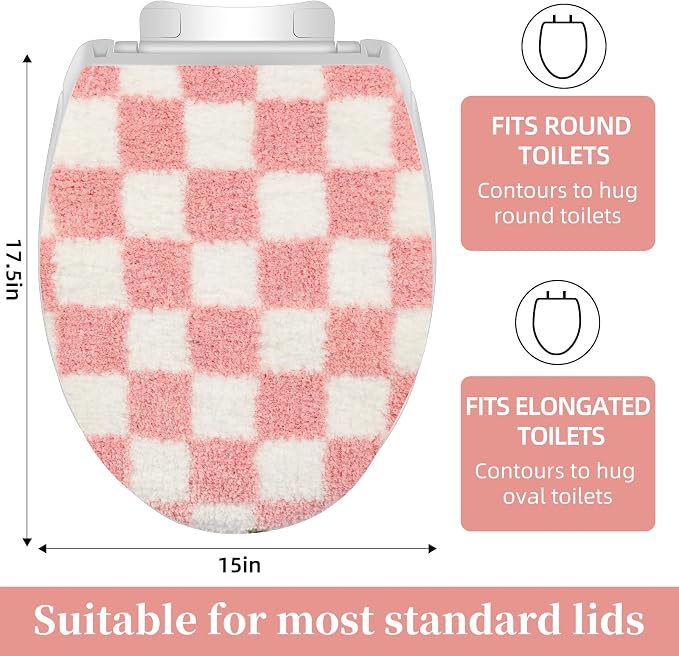 Retro Pink-and-White Checkered Bathroom Toilet Seat Cover Classic checkered toilet seat cover Machine-washable bathroom decor Fits most round, oval, and elongated (pink and white)