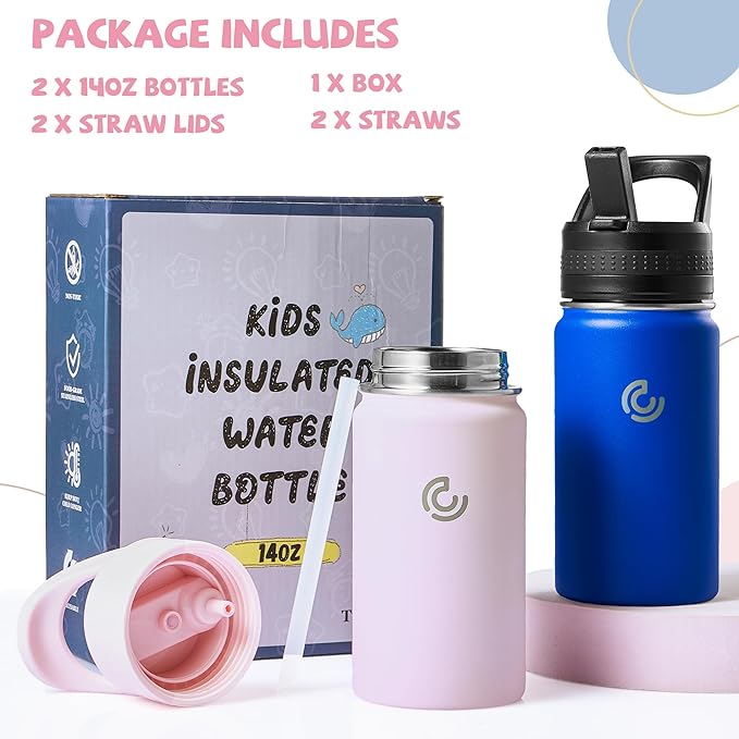 2 Pack Kids Water Bottle,14oz Stainless Steel Insulated Water Tumbler Leak-Proof,School Water Mug,Small and Portable,Suitable for Boys and Girls to Use(Pink + Blue)