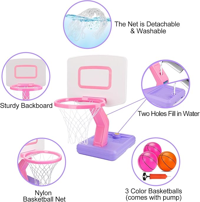 Toddler Girl Basketball Hoop Indoor Pink Adjustable Mini Basketball Goal with Ball Pump for Outdoor Poolside Toys Backyard Game Outside Basketball Toy for Kids Age 3-5 6 7 4-8 Birthday Gift