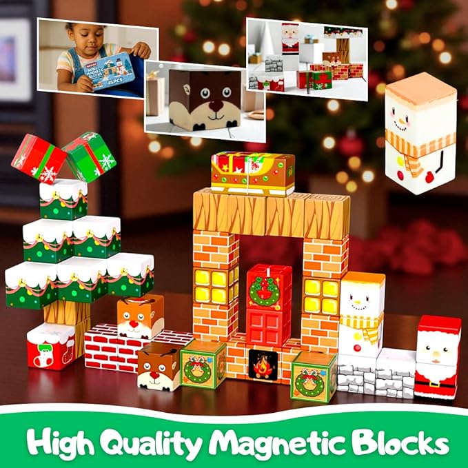 45PCS Mini Magnetic Blocks Travel Set – Christmas STEM Toddler Toys in Iron Box, Educational Building Cubes for Kids Ages 3–8, for Boys & Girls