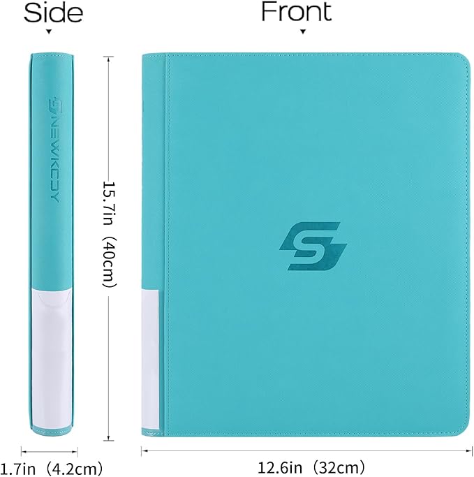 Snekdy Top loader Binder, 9 Pockets Top Loader，Holds 360 Top Loaders cards, Card binder with Sleeves for card in 3 x 4 inch color smooth Zipper PU Leather (Turquoise)