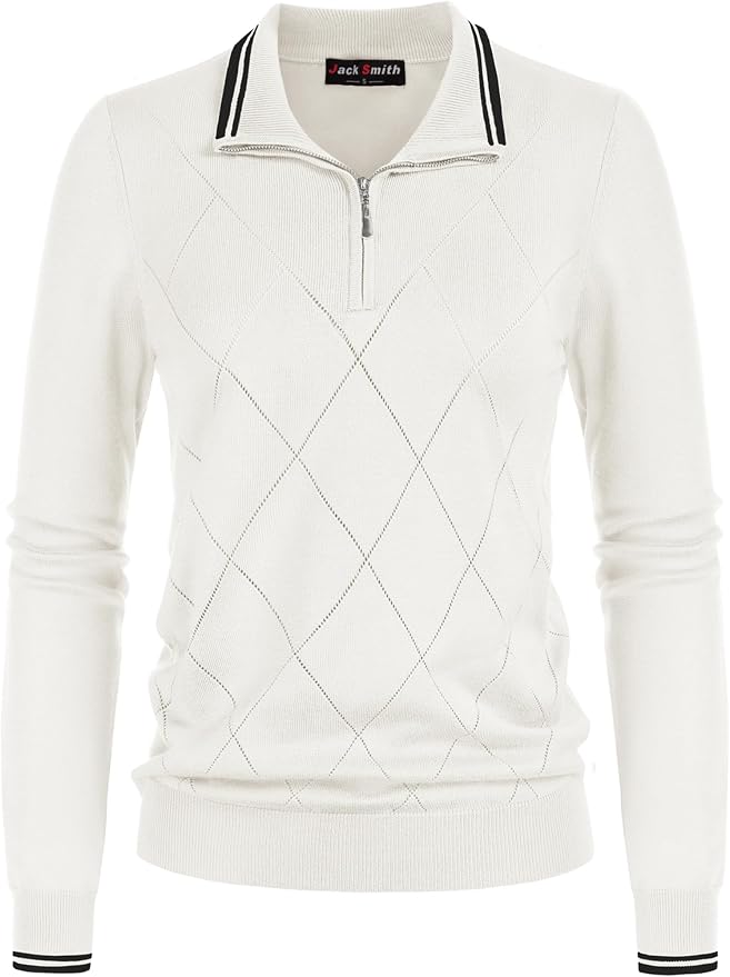 JACK SMITH Quarter Zip Pullover Sweaters for Womens, Rib Polo Sweater Tops | V Neck,Knit,Long Sleeve,Argyle,Open Pattern,Callar,Lightweight,Fashion,Golf Work Business Daily Wear Versatile Pullover Shirt