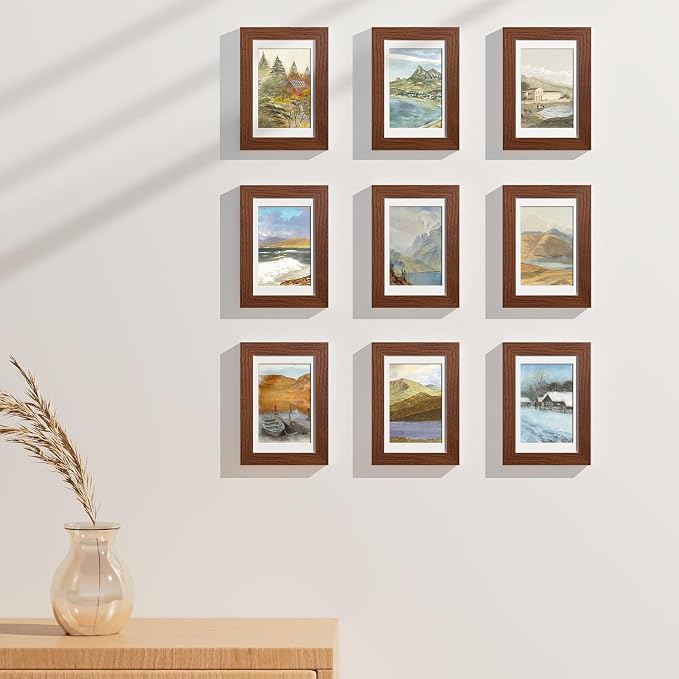 Vittanly 4x6 Picture Frames Set of 9, Wall & Tabletop, Wood Grain Brown | Display Pictures 3.5x5 with Mat or 4x6 without Mat, Small Photo Frames, Engineered Wood with Shatter Resistant Plexiglass