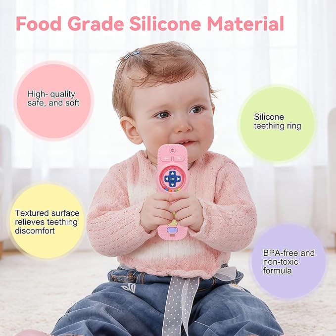 Baby Teether Toy Chew Toys for Babies, Silicone TV Remote Control Shape with Rattle Teething Relief for Infants, Sensory Teething Toys for Baby