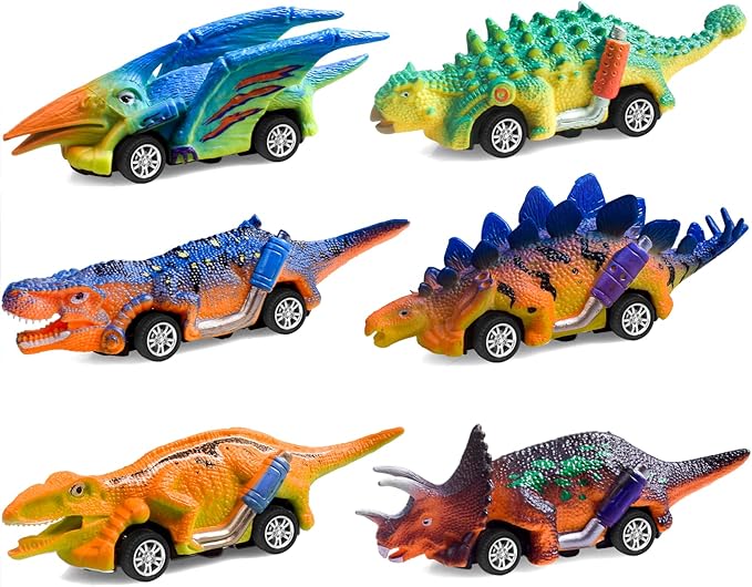 FFTROC Dinosaur Toys for Kids 3-5 Pull Back Cars 6 Pack - Monster Trucks Toys for 3-5 Year Old Boys