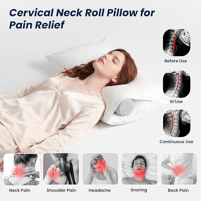 Neck Roll Cervical Pillow for Neck Pain Relief - Memory Foam Neck Pillow for Bed | Round Neck Pillows for Sleeping (Grey, X-Small - 3.5" H)